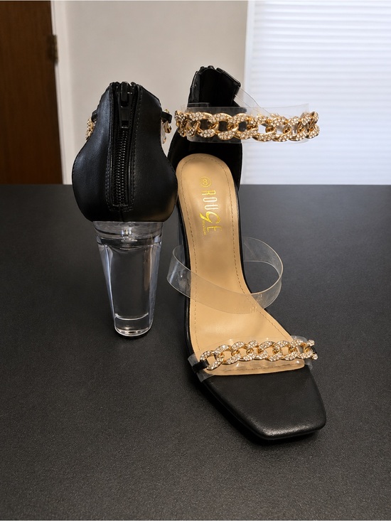 Rouge! Shoes - Rouge! Black Block-Heel Sandals with Gold Chain & Clear Straps